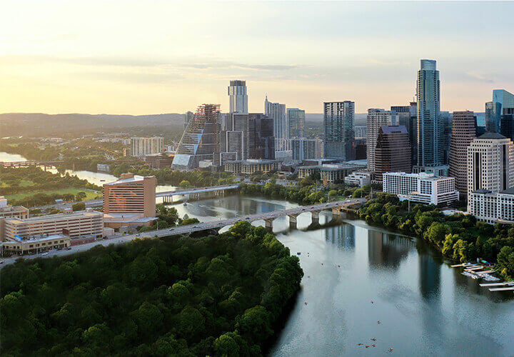 Overhead view of Lady Bird Lake and Austin city skyline