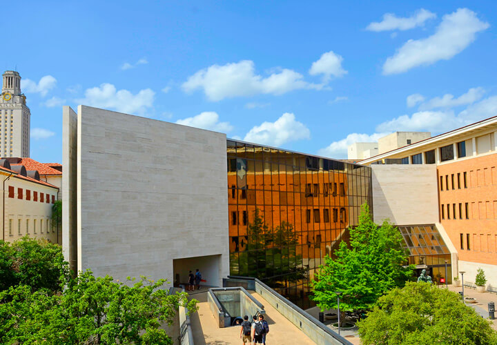 View of pedestrian bridge stretching across to GSB building