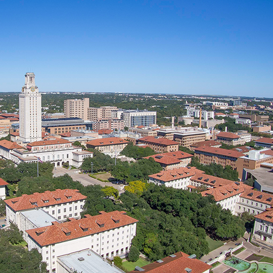 Aerial view of University of Texas tower and campus