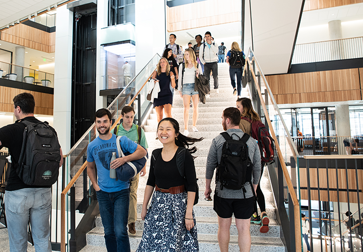 students walking down the stairs of rowling hall